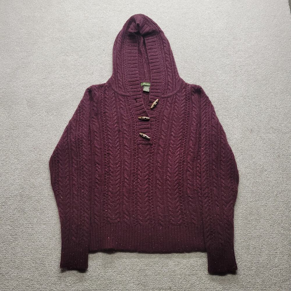 Eddie Bauer Womens M Purple Cable Knit Wool Blend Hooded Sweater Toggle Pullover